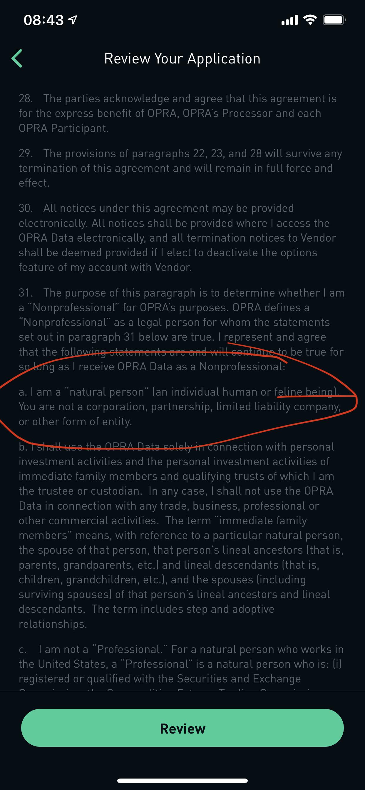 The original 2020 wallstreetbets screenshot: Robinhood's Options Agreement on a phone, with the cat clause in the natural-person definition circled in red.