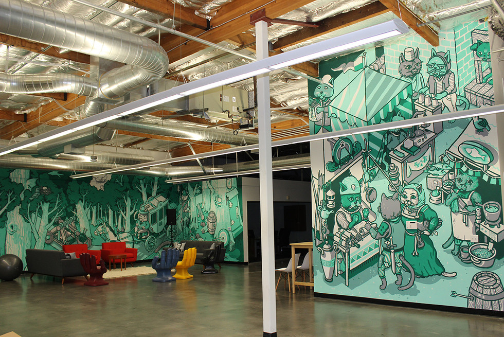 Nigel Sussman's Robinhood Cats mural: rows of green-hooded archer cats painted across the Palo Alto office wall.