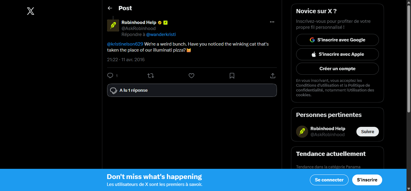 Screenshot of the official AskRobinhood account tweeting in April 2016: We're a weird bunch. Have you noticed the winking cat that's taken the place of our illuminati pizza?