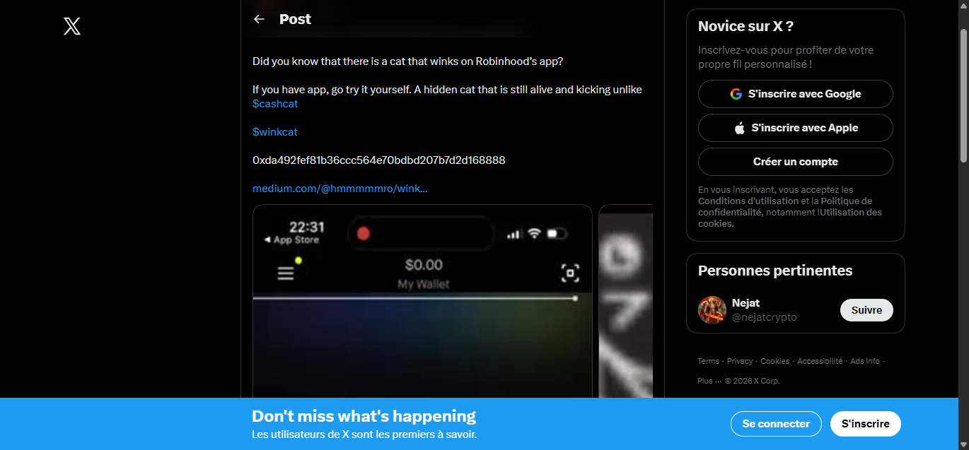 Screenshot of nejatcrypto's X post: Did you know that there is a cat that winks on Robinhood's app? If you have the app, go try it yourself — with the contract address.
